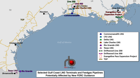 Map of Selected Gulf Coast LNG Terminals and Feedgas Pipelines Potentially Affected by New FERC Guidance