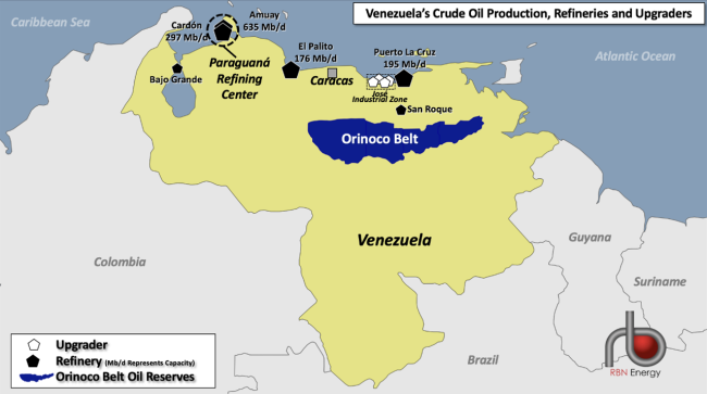Figure 1. Venezuela’s Crude Oil Production, Refineries and Upgraders. Source: RBN