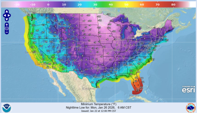 Figure 2. Forecast Low Temperatures for Monday, January 25. Source: National Weather Service