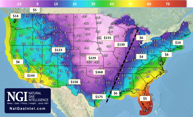 Figure 3. NGI Daily Average Spot Prices for Gas Days February 13-16, 2021, and Nighttime Low Temperatures for February 16, 2021.&nbsp;Sources: NGI, National Weather Service