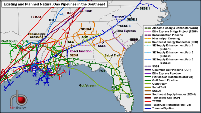 Figure 1. Existing and Planned Natural Gas Pipelines in the Southeast. Source: RBN