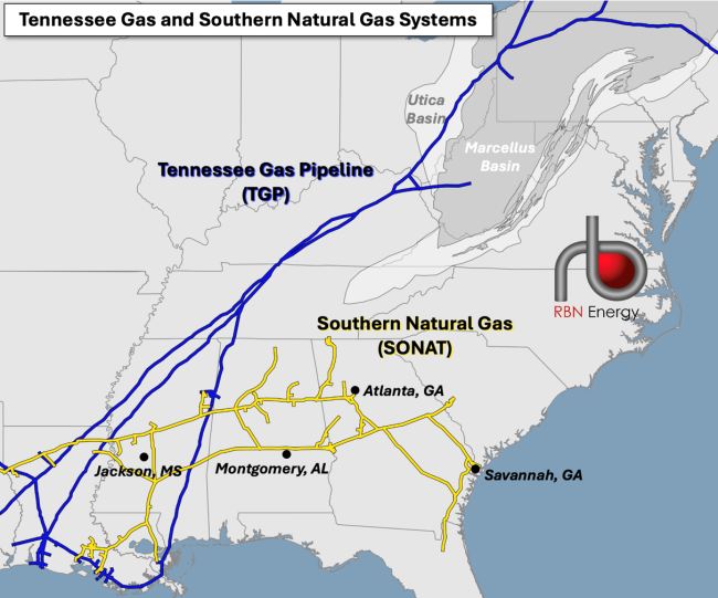 Figure 1. Tennessee Gas and Southern Natural Gas Systems. Source: RBN 